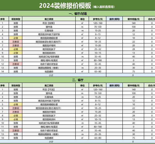 2024装修报价模板（含报价参考）（仅供参考）